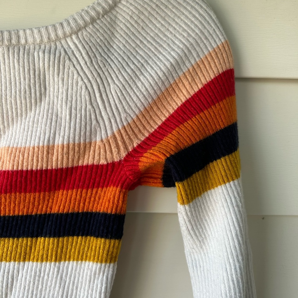 Lottie Moss Rainbow Striped White Long Sleeve Vintage Crop Top Sweater SIZE S